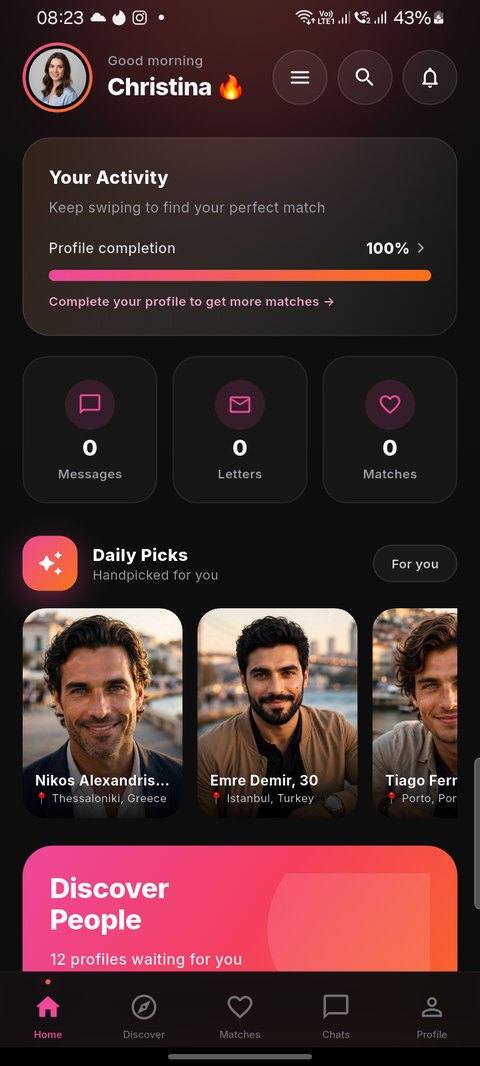 The DateX home screen with your matches and daily picks